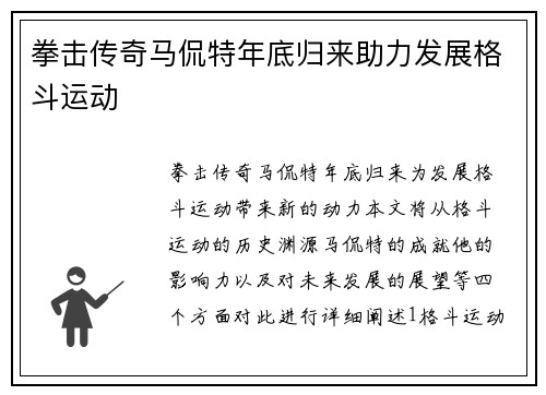拳击传奇马侃特年底归来助力发展格斗运动